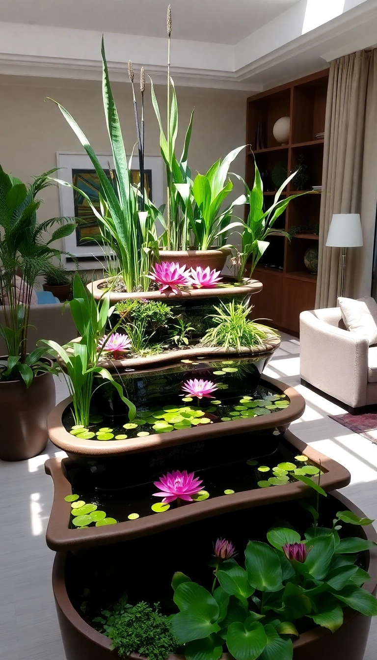 15 Aesthetic Indoor Water Garden Designs That Are Surprisingly Easy to Maintain! - 8. Terraced Water Garden