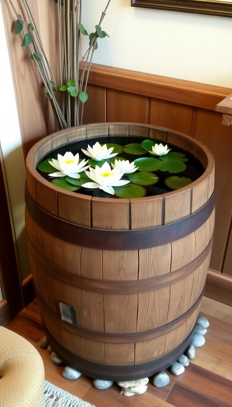 15 Aesthetic Indoor Water Garden Designs That Are Surprisingly Easy to Maintain! - 4. Rustic Barrel Water Garden