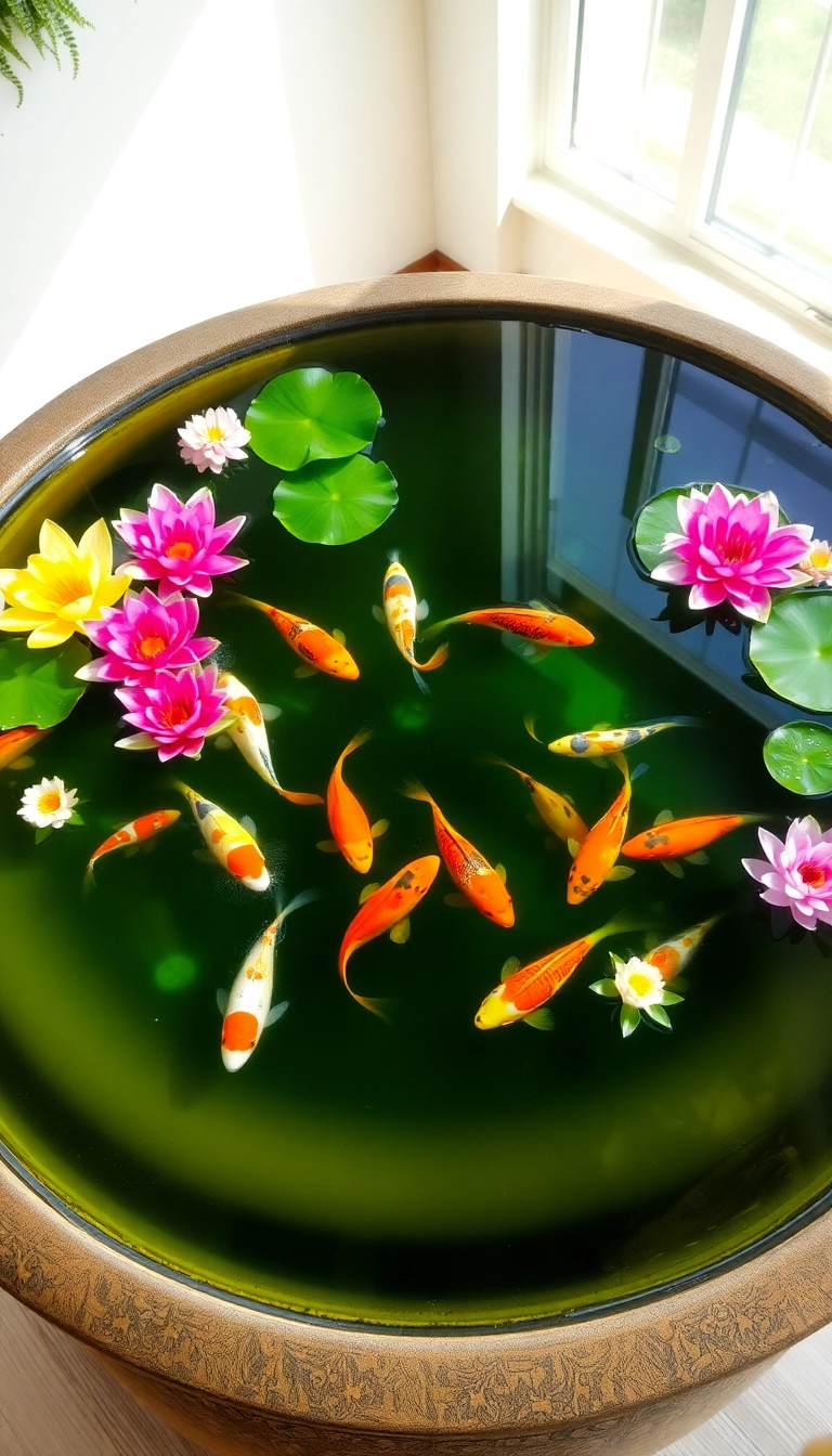 15 Aesthetic Indoor Water Garden Designs That Are Surprisingly Easy to Maintain! - 12. Colorful Koi Pond in a Pot