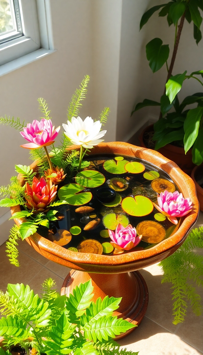 15 Aesthetic Indoor Water Garden Designs That Are Surprisingly Easy to Maintain! - 14. Lush Water Garden in a Birdbath