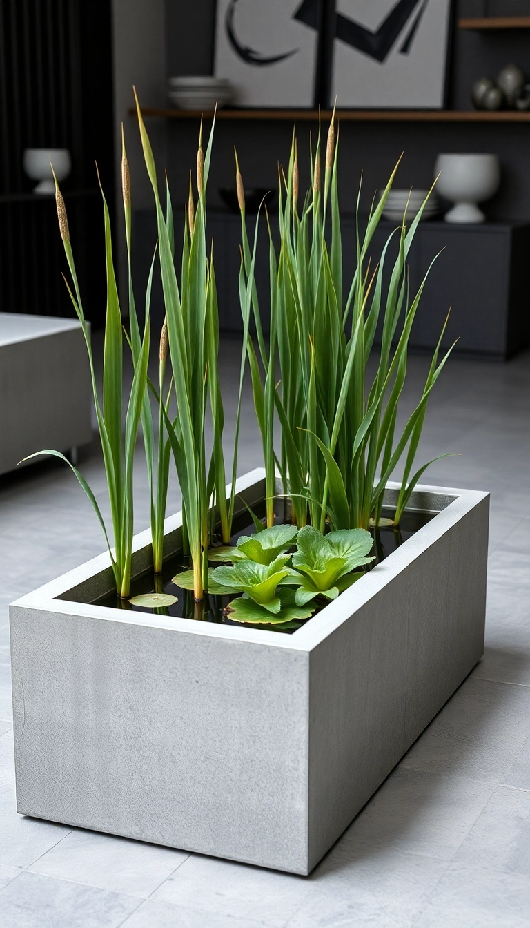 15 Aesthetic Indoor Water Garden Designs That Are Surprisingly Easy to Maintain! - 9. Modern Concrete Water Garden