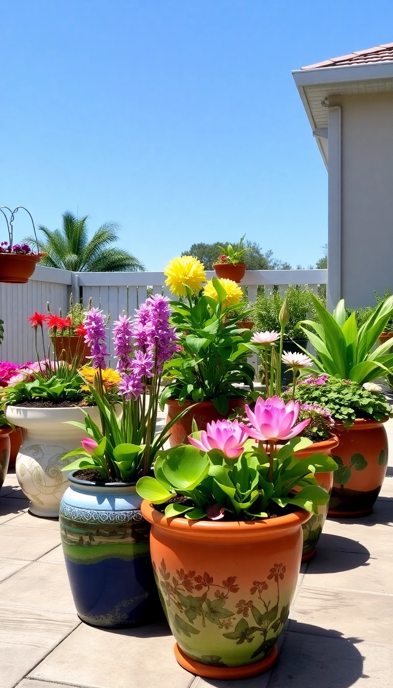 21 Gorgeous Water Garden Designs That Will Leave You in Awe (and Tips on Maintenance) - 8. Colorful Container Water Gardens